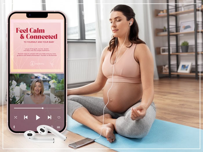 Feel calm & connected on phone with happy pregnant woman with earphones and smartphone listening to music and meditating at home